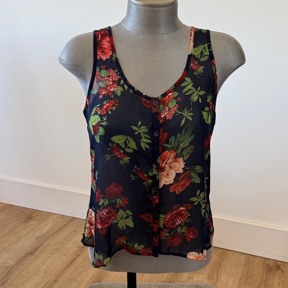 Ambiance Floral Button-Up Tank Top - Blue and Red